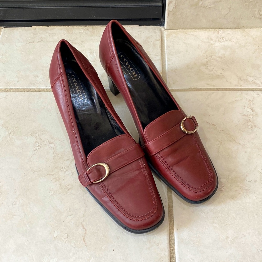 Coach Women's Burgundy Loafers with Gold Ring Detail